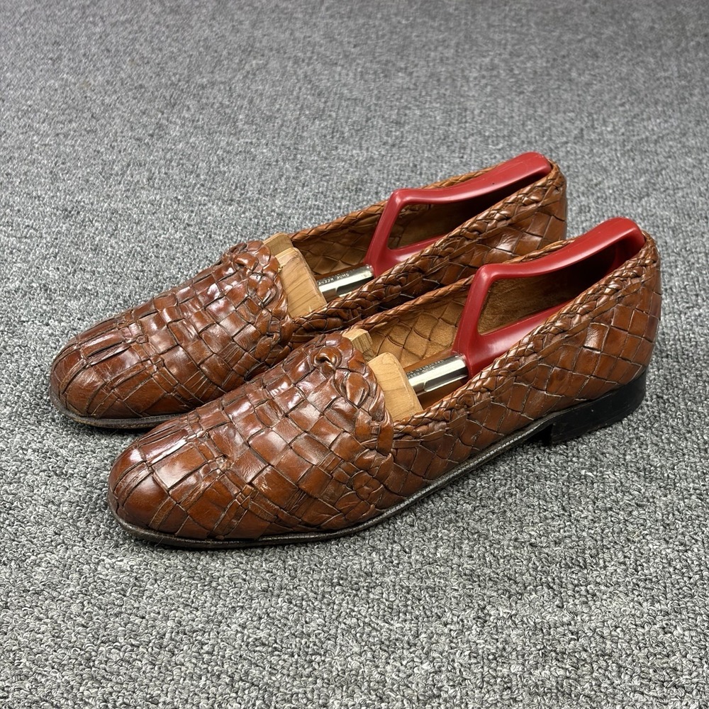 Moreschi Brown Woven Leather Loafers Mens 8.5 Handmade‎ Italian Slip On Dress - Picture 2 of 10